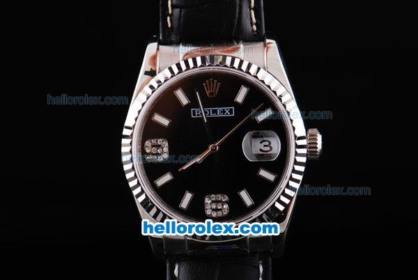 Rolex Datejust Automatic with Black Dial and White Bezel and Case--Diamond Marking-Small Calendar-Black Leather Strap - Click Image to Close